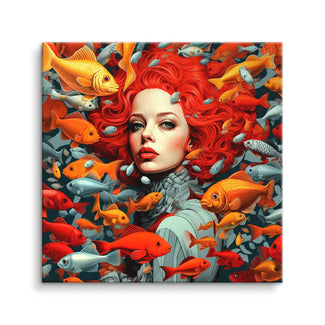 Modernes Wandbild mit Frau mit roten Haaren umgeben von bunten Fischen auf Leinwand