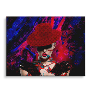 Modernes Wandbild Frau mit rotem Hut vor abstraktem, buntem Hintergrund, Fashion Kunst