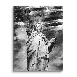 Schwarzweiß Wandbild mit Freiheitsstatue vor abstrakter US-Flagge, moderne Kunst auf Leinwand