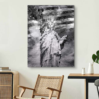Schwarzweiß Wandbild Freiheitsstatue mit amerikanischer Flagge, modernes Kunstbild im Wohnzimmer