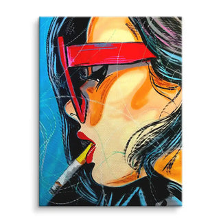 Pop Art Wandbild mit Frau seitlich, roter Brille und Zigarette, bunte moderne Kunst