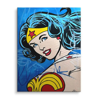 Pop Art Wandbild einer Comic-Frau mit blauen Haaren und gelbem Stirnband auf blauem Hintergrund