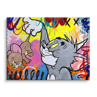Comic Pop Art Leinwandbild mit Katze und Maus, bunte Graffiti-Wandkunst, modern