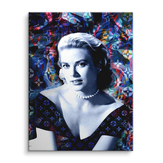 Stilvolles Pop Art Wandbild einer eleganten Frau vor buntem abstraktem Hintergrund
