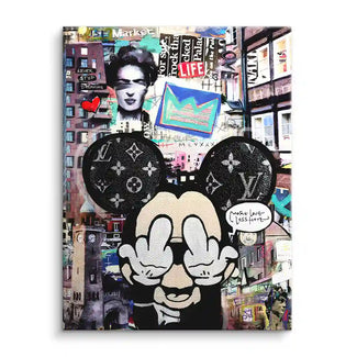 Modernes Pop Art Wandbild mit Mickey Mouse Graffiti, urbanen Hamburger Gebäuden und Collage-Elementen