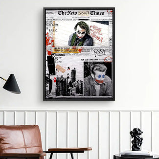 Modernes Wandbild im Comic-Stil, Joker-Collage auf Zeitungshintergrund, Wohnzimmerdeko