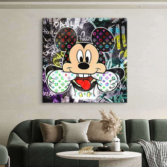 Modernes Wandbild mit Comic-Maus im Pop Art Stil, bunte Graffiti-Elemente, Wohnzimmer-Deko