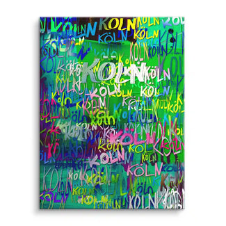 Modernes Wandbild mit vielfarbigem Schriftzug Köln auf grünem Hintergrund, Kunst auf Leinwand