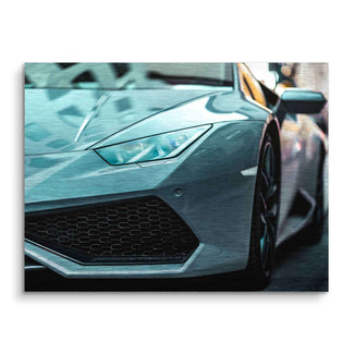 Modernes Wandbild mit Lamborghini Huracan Front auf gebürstetem Aluminium, urbanes Design