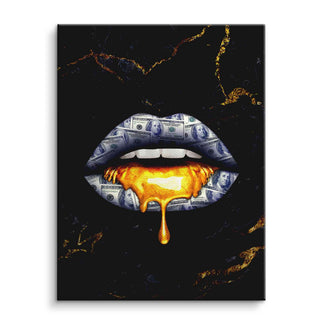 Modernes Wandbild mit Lippen aus Geldscheinen, goldene Farbe tropft, schwarzer Hintergrund