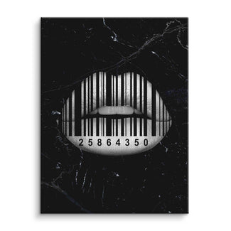 Schwarz-weiß Wandbild mit Lippen und Barcode, modernes Pop Art Motiv auf schwarzem Hintergrund
