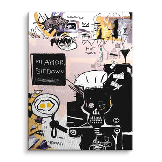 Modernes Wandbild mit abstrakter Kochfigur, Text „Mi Amor, Sit Down“, Pop Art Stil