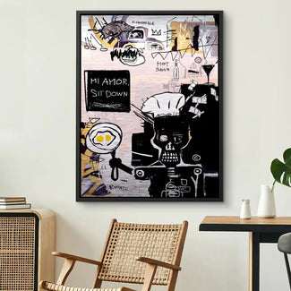 Modernes Wandbild im abstrakten Stil mit Skelett, Text und grafischen Elementen an Wand