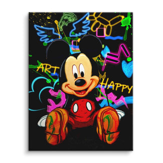 Pop Art Wandbild mit Maus-Figur, buntem Neon-Graffiti und Sprüchen wie Art und Happy
