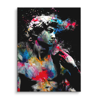 Wandbild auf Leinwand mit bunter David-Statue, Pop Art auf schwarzem Hintergrund