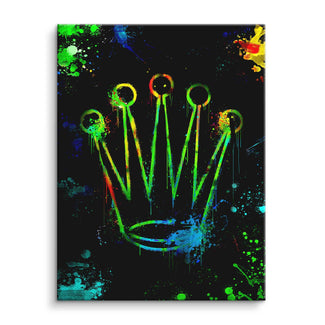 Modernes Wandbild mit bunter Krone auf schwarzem Hintergrund, Graffiti und Pop Art Stil