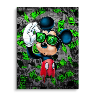 Wandbild mit Comic-Maus, Sonnenbrille und Geldscheinen im Pop Art Stil auf grauem Hintergrund