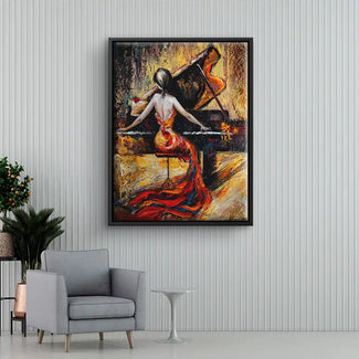 Modernes Wandbild mit Frau im roten Kleid am Klavier, farbenfrohe Kunst für Wohnzimmer