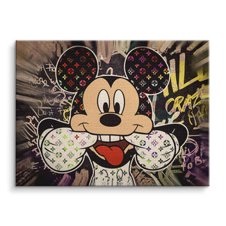 Wandbild mit frecher Comic-Maus im Pop Art Stil auf bunter Graffiti-Leinwand