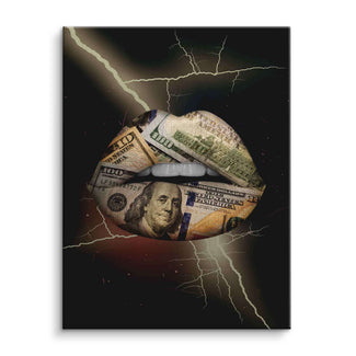 Modernes Wandbild mit Lippen aus US-Dollar-Scheinen und Blitzmotiv auf dunklem Hintergrund
