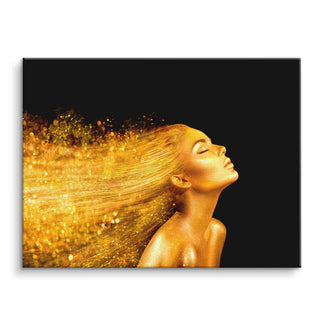 Modernes Wandbild Frau mit goldenen Haaren auf schwarzem Hintergrund, glamouröses Kunstdruck
