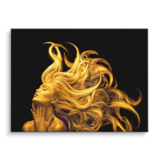 Wandbild mit goldener Frau und prachtvoller Frisur auf schwarzem Hintergrund