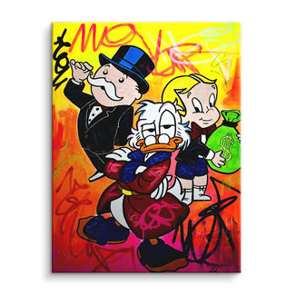 Buntes Wandbild mit Cartoon-Figuren im Anzug, Dollar-Sack und Graffiti auf Leinwand