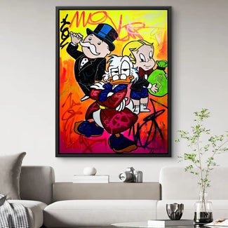 Buntes Pop Art Wandbild mit Comic-Figuren, Geldsäcken und Graffiti im modernen Wohnzimmer