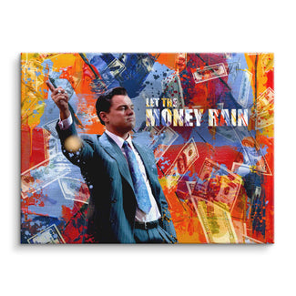 Pop Art Wandbild mit Anzugträger, buntem Hintergrund und fliegenden Geldscheinen, Motivationskunst