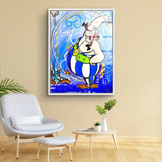 Modernes Wandbild mit Comicfigur Obelix in blau-gelben Farben, Wohnzimmer Dekoration