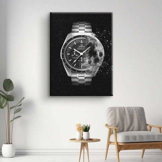 Modernes Wandbild mit silberner Uhr und Mondmotiv im Wohnzimmer, Weltraum-Design, Schwarz-Weiß-Kunst
