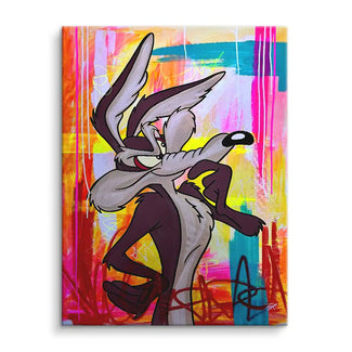 Comic-Wandbild mit Cartoon-Figur vor buntem Pop Art Hintergrund auf Leinwand