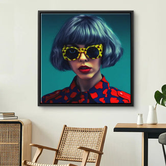 Modernes Wandbild mit Pop Art Frau, gelbe Sonnenbrille, blauer Bob, rote Musterbluse