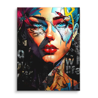 Modernes Pop Art Wandbild einer Frau mit bunten abstrakten Farben und Collage-Elementen