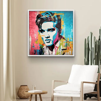 Pop Art Wandbild mit ikonischem Männerporträt in bunten Farben, modern dekorierter Wohnraum