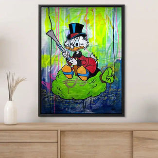 Modernes Wandbild mit Comic-Ente auf grünem Stuhl, bunte Pop Art für Wohnzimmer