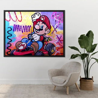 Pop Art Wandbild mit Rennfahrer in rotem Kart vor buntem Graffiti-Hintergrund, Wohnzimmerdeko