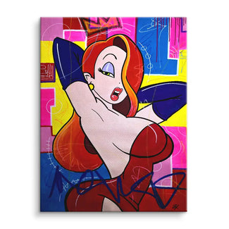 Pop Art Wandbild mit rothaariger Frau im Comic-Stil, bunte Hintergrundfarben