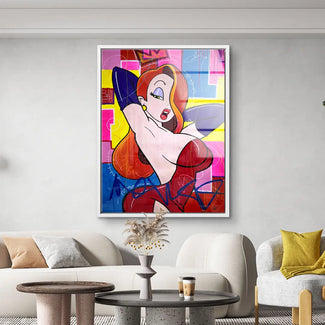 Modernes Pop Art Wandbild mit Comic-Frau mit roten Haaren in buntem Wohnzimmer