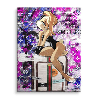 Pop Art Leinwand mit stilisierter Comic-Figur, Modekoffer und buntem Hintergrund