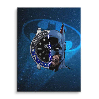 Modernes Wandbild mit Uhr und Batman-Motiv vor Sternenhimmel, Pop Art Stil
