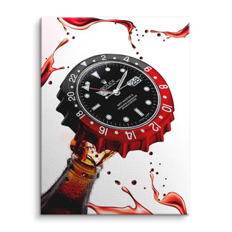 Pop Art Wandbild mit spritzender Cola-Flasche und Uhr im Kronkorken-Design auf Leinwand