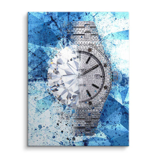 Modernes Wandbild mit funkelnder Luxusuhr und Diamant auf blauem, abstraktem Hintergrund