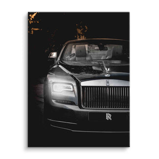 Modernes Wandbild mit luxuriösem schwarzen Rolls-Royce Auto auf Leinwand, Nahaufnahme.