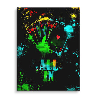 Modernes Poker Wandbild mit Royal Flush und bunten Farbspritzern auf schwarzem Hintergrund