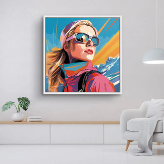 Modernes Wandbild mit Skifahrerin in Sonnenbrille vor Bergkulisse, bunte Pop Art Kunst