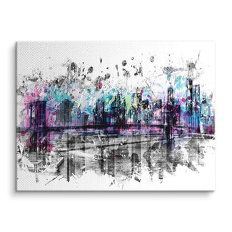 Modernes Wandbild mit Skyline von New York, Brücke und bunte Aquarellspritzer auf Leinwand