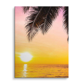 Wandbild Sonnenuntergang mit Palme auf Leinwand, gelber Himmel über Meer, tropisches Motiv