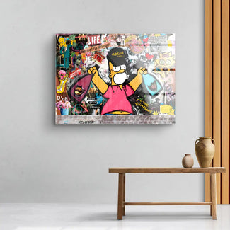Pop Art Wandbild mit kultiger Cartoonfigur und Graffiti-Elementen im modernen Wohnraum