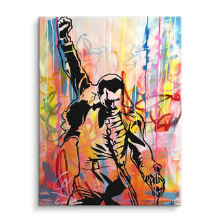 Buntes Wandbild auf Leinwand mit Pop Art Stil, tanzende Person mit erhobener Faust, Graffiti-Hintergrund